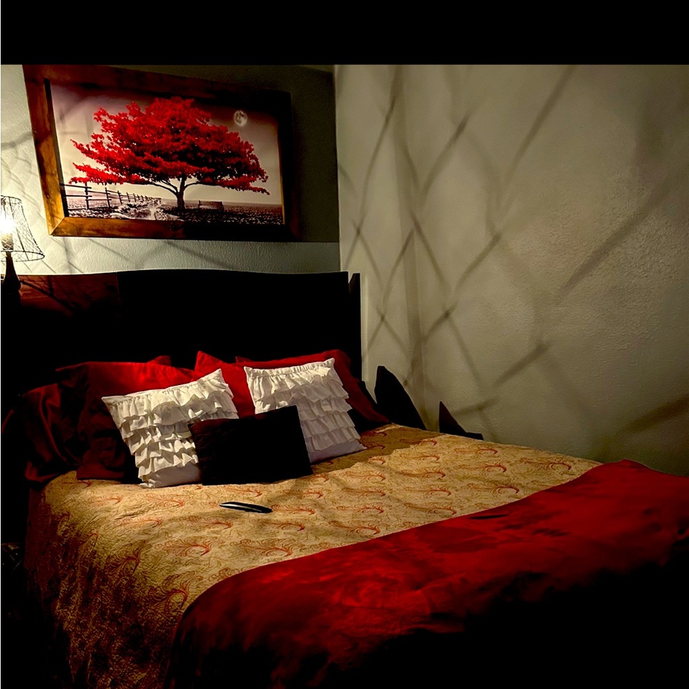 Queen red & tan quilt & 2 pillow shams